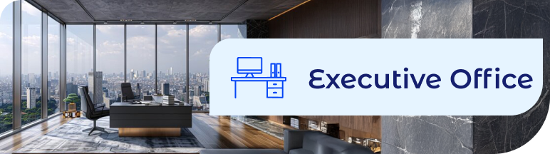 Executive Office banner with a modern city-view background, highlighting specialized office cleaning services and professional business cleaning standards.