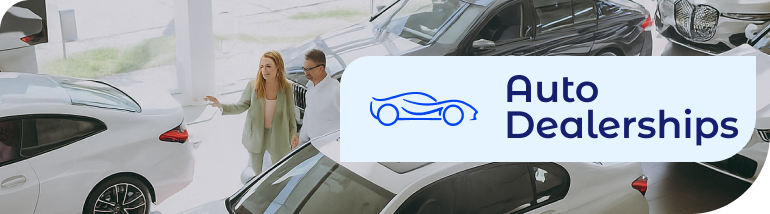 Auto Dealerships service banner over a high-angle view of a pristine showroom with customers, illustrating professional commercial cleaning and janitorial services for car dealers.