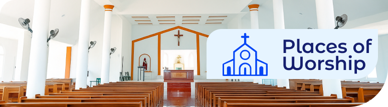 Places of Worship service banner overlaid on a clean church sanctuary with wooden pews, representing specialized janitorial services and commercial cleaning standards for religious institutions.