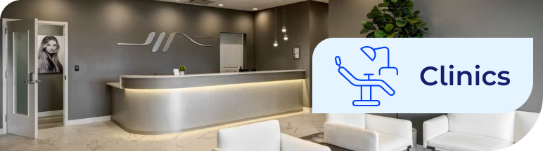 Clinics service banner overlaying a pristine medical reception area with white waiting chairs, demonstrating specialized janitorial services and commercial cleaning standards for healthcare facilities.