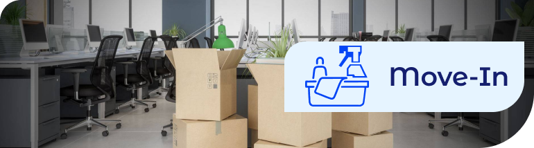 Move-In service banner overlaying a modern office filled with cardboard boxes, demonstrating detailed office cleaning service and janitorial services for businesses relocating.