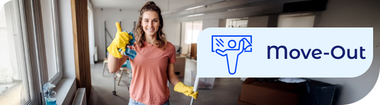 Smiling professional cleaner giving a thumbs up next to a Move-Out service banner, illustrating reliable residential cleaning and thorough house cleaning services.